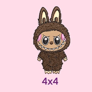 May include: An embroidered design of a cartoon creature with bunny ears, a brown furry body, and a toothy grin. The design includes pink accents around the eyes and mouth. The text "4x4" is displayed in purple below the image.