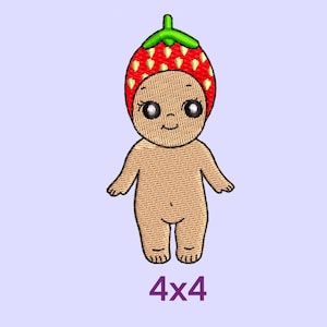 May include: Embroidered design of a baby wearing a red and green strawberry hat. The baby has large eyes and a smiling face. The design is 4x4 inches.
