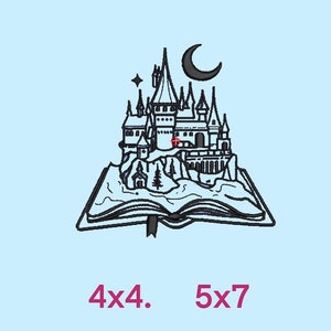 May include: Black and white line art embroidery design of a castle on top of an open book with a crescent moon above. The design is labelled "4x4. 5x7".