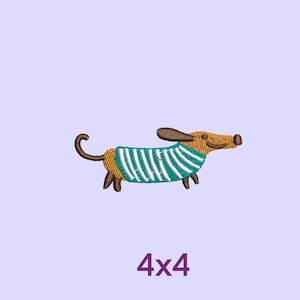 Pode incluir: Patch bordado de um dachshund marrom vestindo um suéter listrado azul-turquesa e branco. O patch mede 4 polegadas por 4 polegadas.