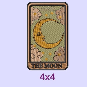 Pode incluir: Um cartão de tarô verde com uma lua crescente dourada e estrelas. O cartão diz "THE MOON" em letras douradas.