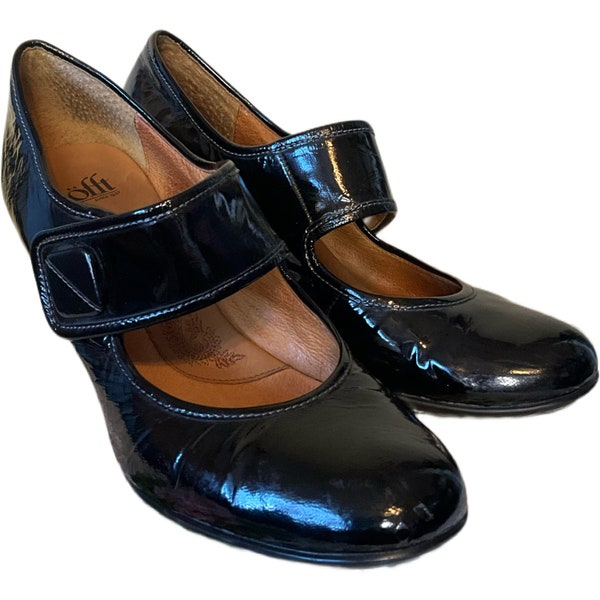 Vintage 1990s Sofft Black Gloss Patent Leather Mary Jane Heels - Size 9.5 - 90s Grunge Soft Acadamia Shoes