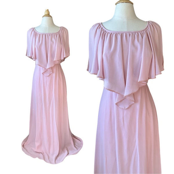 Vintage 1970s Pink Maxi Dress - Shimmery Chiffon Flutter Sleeve Lace - Full Floor Length Party Prom Bridesmaid Dress Gown - 70s Vintage