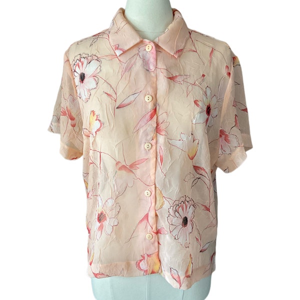 Vintage 1990s Sheer Peach Pink Floral Blouse - Crushed 90s Top Glitter Details - Vintage Top - Button Up - Sheer See Through Shirt