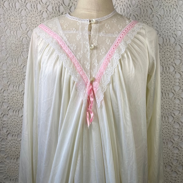 Vintage White Satin Lace Peignoir Negligee Lingerie Set - Nightgown and Robe - White Lace Pink Ribbon - Vintage Lingerie Sleepwear Maternity