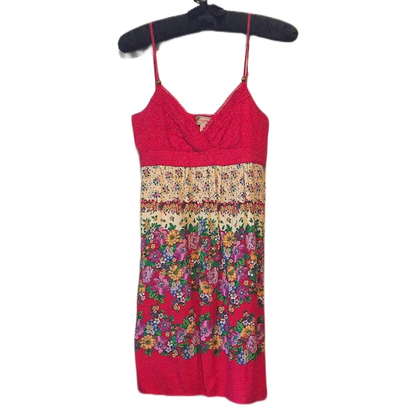 2000s Flying Tomato Red Floral Spaghetti Strap Mini-Dress - Size Large - A Sunny Day Dream!