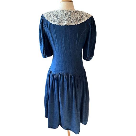 Vintage 1990s Denim Prairie Dress - Lace Collar P… - image 2