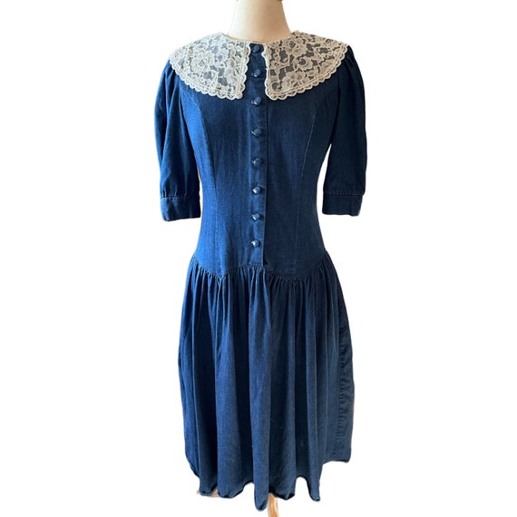 Vintage 1990s Denim Prairie Dress - Lace Collar P… - image 1