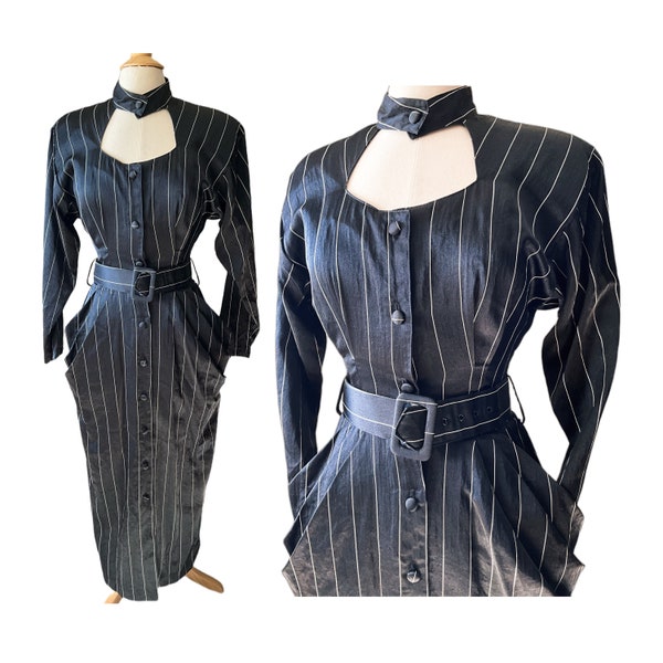 Vintage 1980s Sue Wong Black Pinstripe Peplum Dress - Cut Out Neckline High Collar - Silk Dress - Rare Vintage Designer Dress 80s Goth