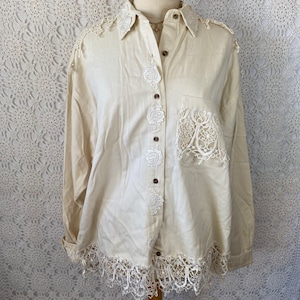 Vintage 1980s White Lace Denim Jacket Cream Collared Button Down Shacket Shirt Jacket Floral Lace Cottage Core Coquette image 1