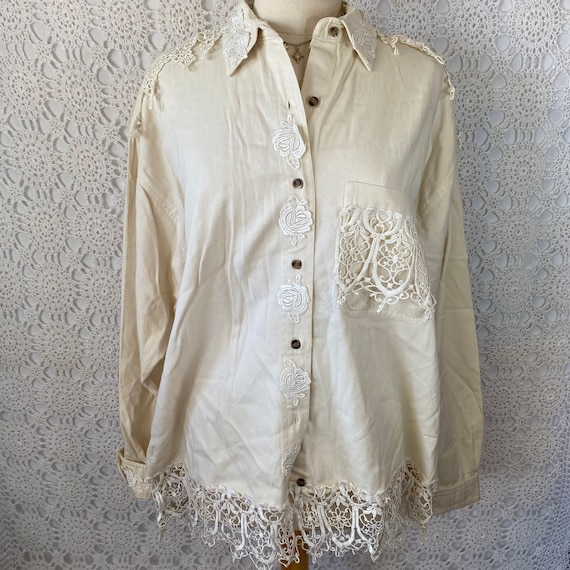 Vintage 1980s White Lace Denim Jacket - Cream Col… - image 1