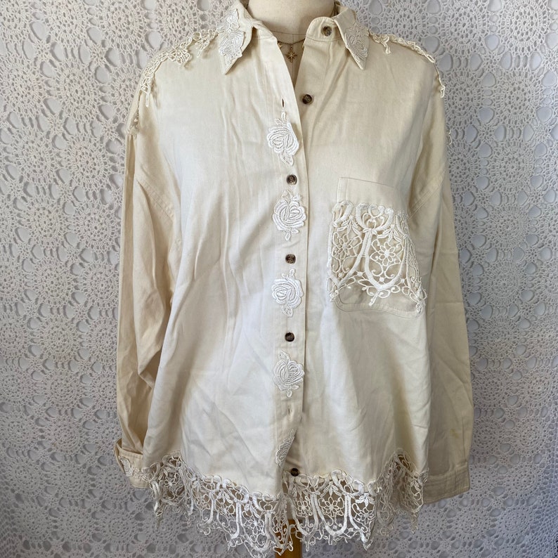 Vintage 1980s White Lace Denim Jacket Cream Collared Button Down Shacket Shirt Jacket Floral Lace Cottage Core Coquette image 1