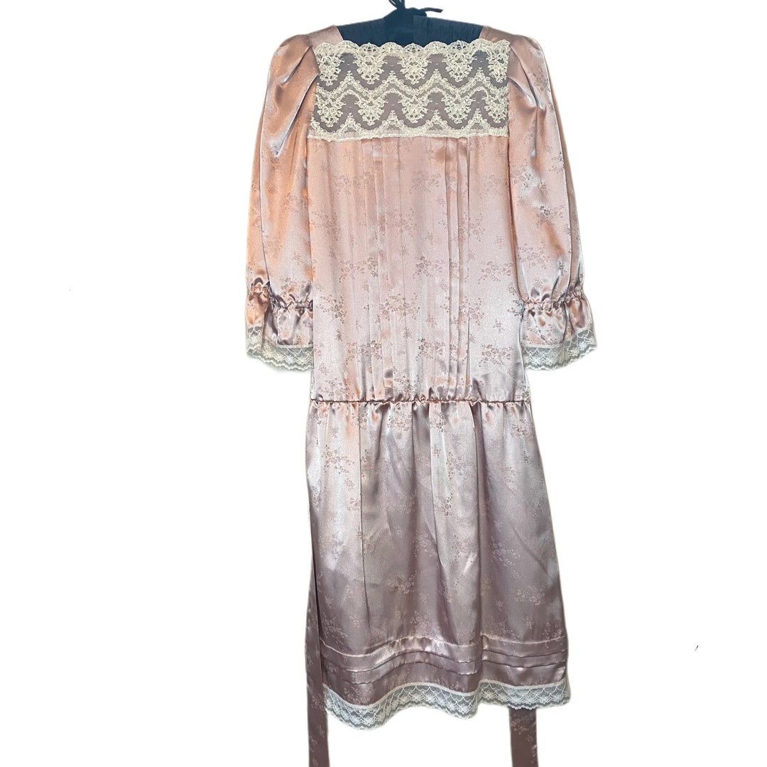 Vintage 1980s Pink Satin Lace Trim Drop Waist Dress Size M Pastel Pink ...