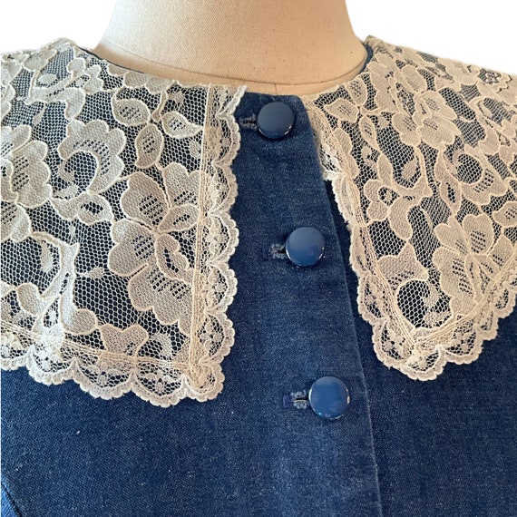 Vintage 1990s Denim Prairie Dress - Lace Collar P… - image 6