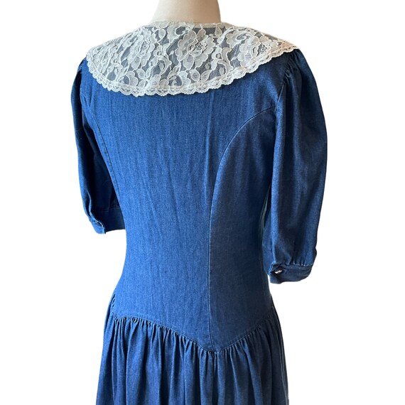 Vintage 1990s Denim Prairie Dress - Lace Collar P… - image 3