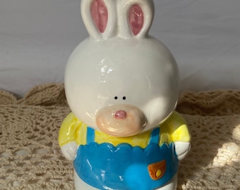 Vintage 1980s Baby Planter Bunny Rabbit ABC - Napco Ceramic Bunny Kitsch Coquette - Collectible Cute Planter Bunny With Overalls