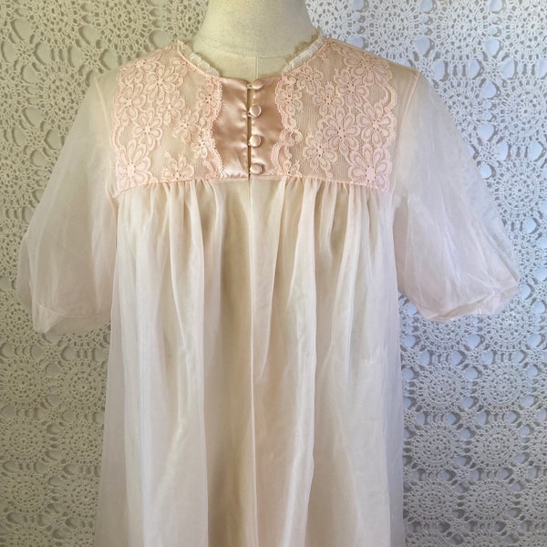 Vintage 1950s Blush Pink Peignoir - Lace Satin Sheer Pastel Pink Nightgown - Vintage Robe Lingerie Sleepwear Loungewear