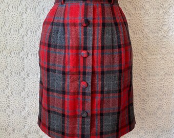 Vintage 80s Red Plaid Wool Mini Skirt - Size S - Vintage Twin Peaks Skirt - Pin Up Girl Plaid Sexy Skirt Mini Knee Length