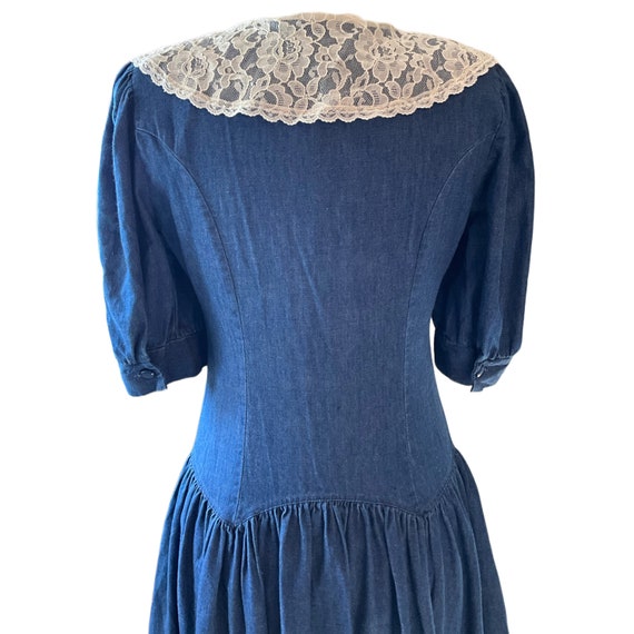 Vintage 1990s Denim Prairie Dress - Lace Collar P… - image 8