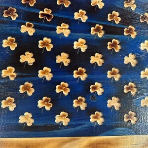 Closeup view of the blue with shamrocks.