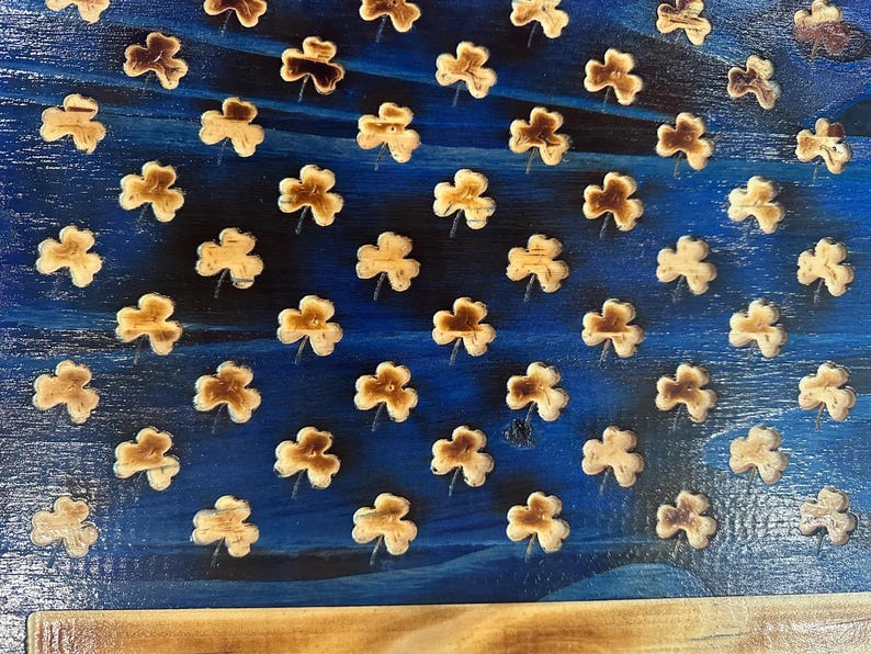 Closeup view of the blue with shamrocks.