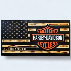 One-of-a-Kind Rustic Harley Davidson Rustic Wood Flag, Handmade Unique Biker Art for your Home, Custom, Personalized Motorcycle Wall Hanging