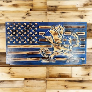 Notre Dame, Handcrafted Wood Flag Sign - Personalized Unique Notre Dame College  Wall Art Gift Idea  | Christmas Gifts | College Flag.  This is the blue version with wood burning with shamrocks