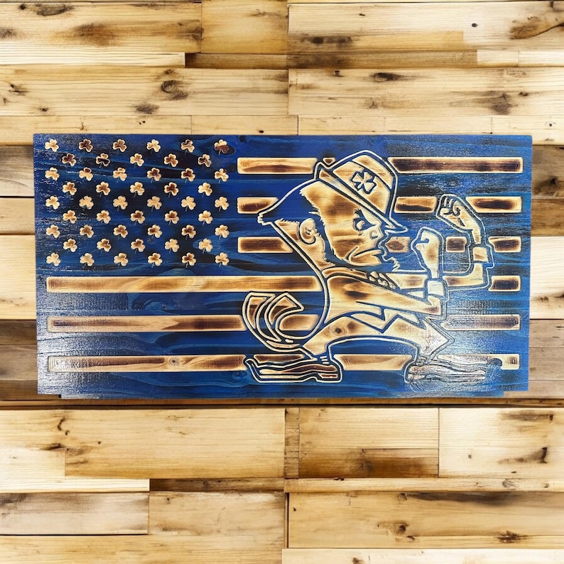 Notre Dame, Handcrafted Wood Flag Sign - Personalized Unique Notre Dame College  Wall Art Gift Idea  | Christmas Gifts | College Flag.  This is the blue version with wood burning with shamrocks
