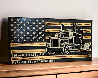 Handmade Rustic Wood American Flag: Semi Truck Driver Gift, Personalized
