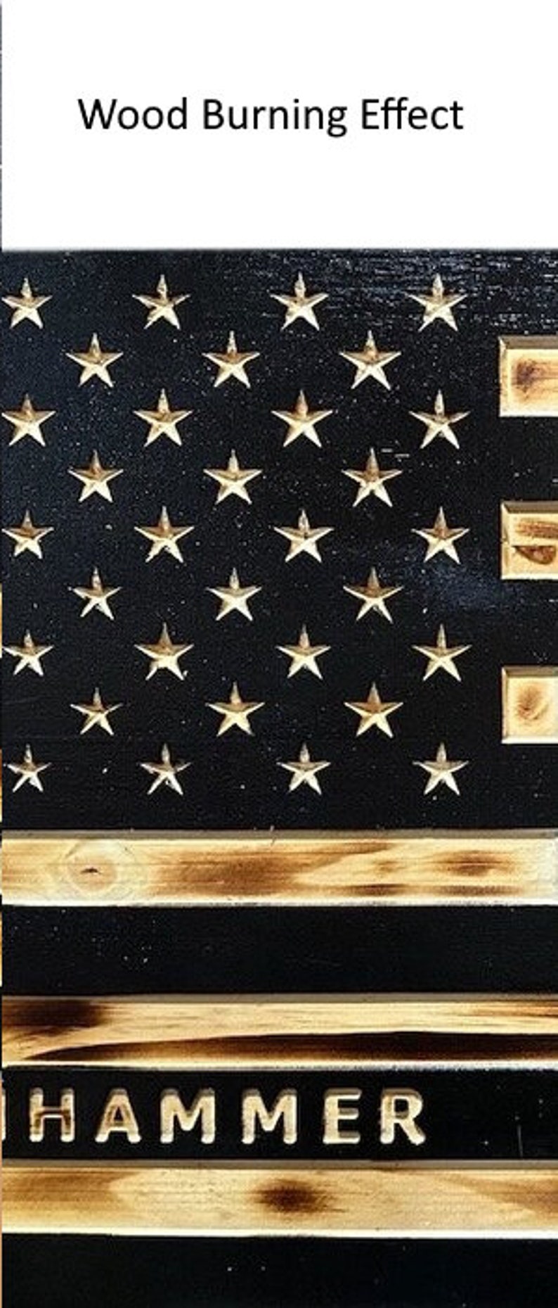 Example of wood burning affect on the exposed pine stripes within the Flag.