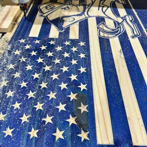 Notre Dame, Handcrafted Wood Flag Sign - Personalized Unique Notre Dame College  Wall Art Gift Idea  | Christmas Gifts | College Flag.  This is the blue version with wood burning with stars being made.