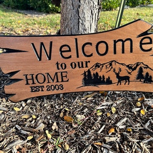 Personalized Wood Log Carved Sign, Welcome to our home, Family Name Sign, Last Name Sign, Wedding Gift, Anniversary Gift, Lakehouse, Cottage