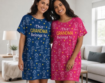 Custom Grandma Pajama Dress, Personalized Kids Names Night Gown, Mother's Day Gift