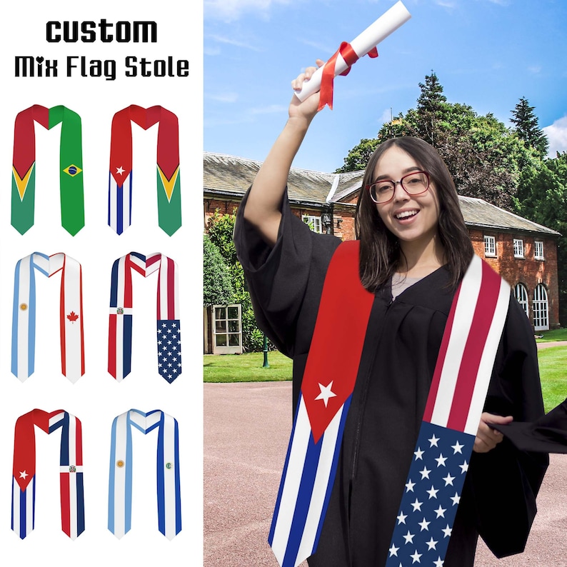 K&ouml;nnte beinhalten: Eine Graduierungsstola mit einer Mischung aus Flaggen. Die Stola ist rot, wei&szlig; und blau mit einem Sternmuster. Der Text "Custom Mix Flag Stole" befindet sich oben im Bild.