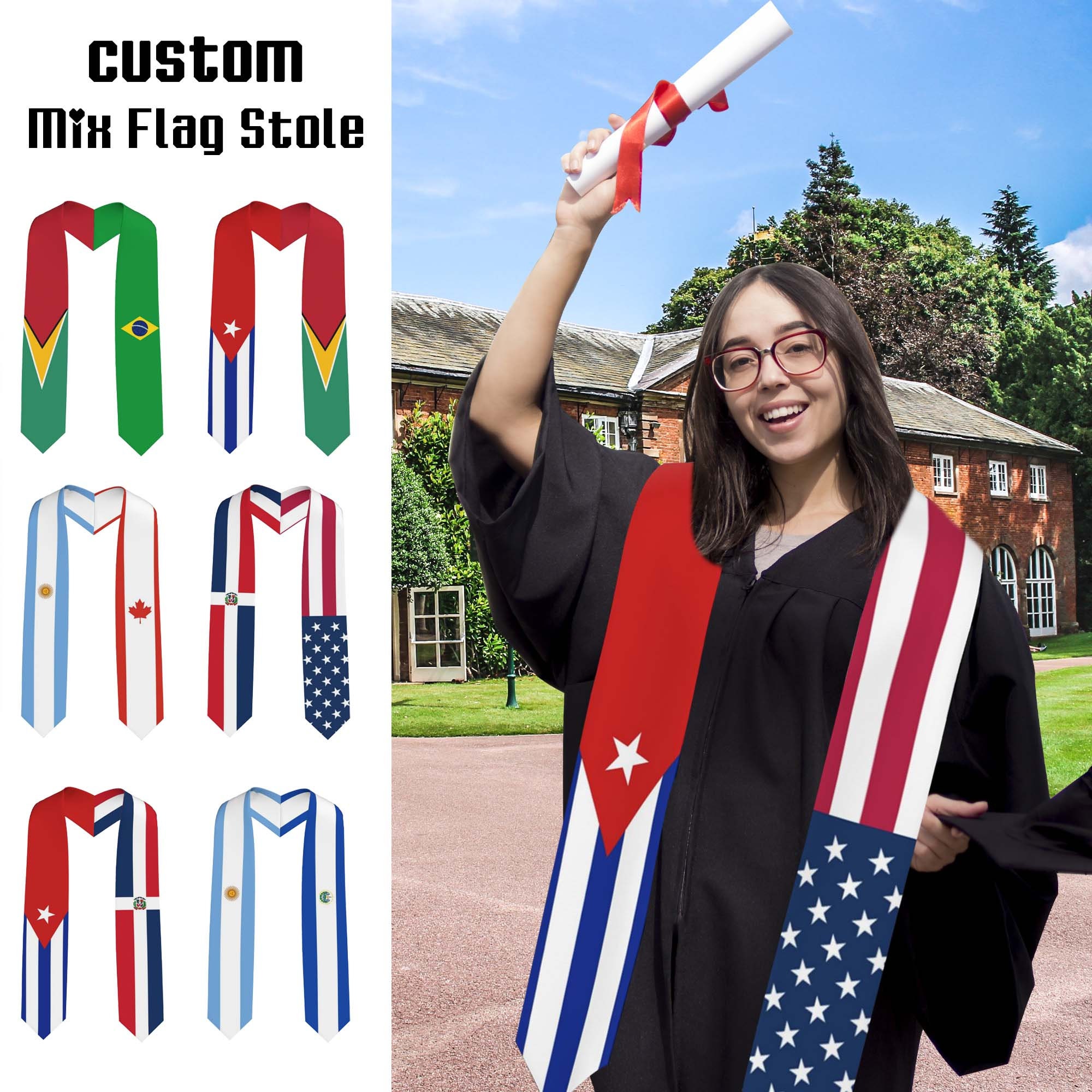 Custom Mixed Two Flag Graduation Stole,Personalized Gifts for Student,Custom Graduation Sash for Friends,Custom Class of 2025 Flag Stole