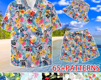 Custom Hawaiian Shirt Set for Birthday,Personalized Man Swim Trunks with Faces,Tropical Summer Bucket Hat,Woman Man Anniversary Party Gifts