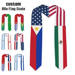 May include: A collection of custom mix flag stoles. The stoles feature various flag designs, including the United States, Philippines, and Mexico. Other flags include Brazil, Cuba, Argentina, Canada, and the Dominican Republic. The text "CUSTOM Mix Flag Stole" is at the top.