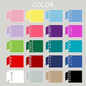 May include: A color chart featuring twenty rectangular swatches arranged in a grid, each labeled with its corresponding color name: pink, yellow, blue, powder blue, lavender, rose, purple, light purple, green, dark green, teal, aqua, red, maroon, navy, royal blue, white, grey, latte, and black.