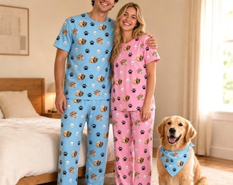 Custom Dog Face Paw Pajama Pajama Set, Personalized Couple Pajamas, Dog Lover Gift