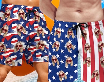 Custom American Flag Swim Trunks, Personalized Face Hawaiian Shorts