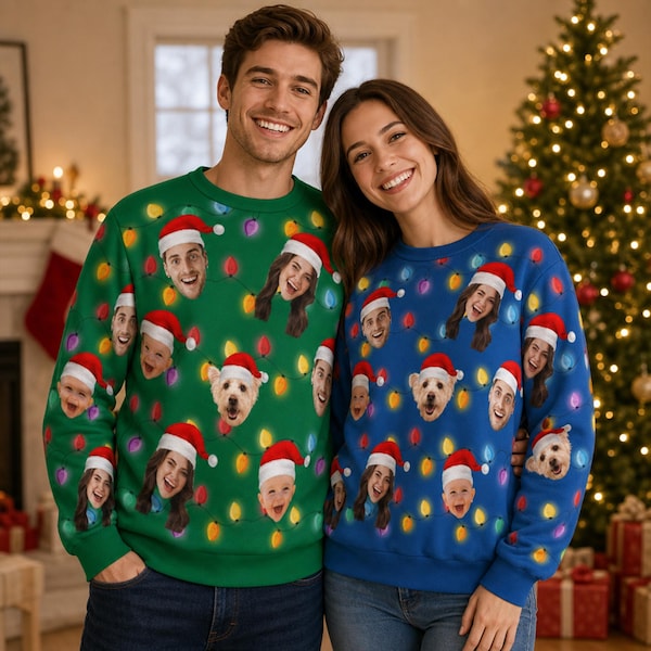 Custom Christmas Ugly Sweater,Personazlied Xmas Family Led Sweater,Custom Woman Man Photos Crewneck Sweater,Custom Fun Christmas Party Gifts