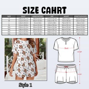 May include: A size chart for a pajama set featuring a table with measurements in cm and inches, a photo of a short-sleeve top and shorts with a custom face and heart print, and a line drawing showing how to measure the bust, hip, and length.