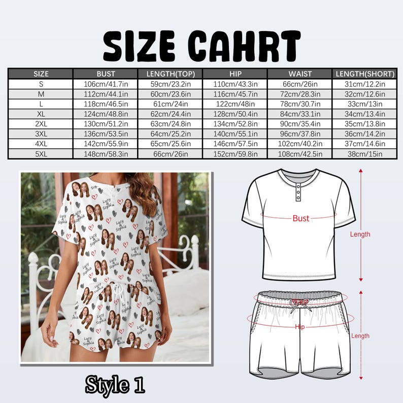 May include: A size chart for a pajama set featuring a table with measurements in cm and inches, a photo of a short-sleeve top and shorts with a custom face and heart print, and a line drawing showing how to measure the bust, hip, and length.
