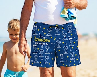 Custom Grandpa Beach Shorts, Personalized Swim Trunks with Kids Names
