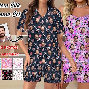 May include: Custom silk pyjama set with a heart pattern and a photo of a person's face. The set is available in 20+ patterns and can be personalised with 1-10 photos.