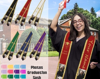 May include: A red graduation sash with gold glitter and a gold tassel. The sash has a photo collage of a graduate and the text "Your Name" and "Your School 2024".