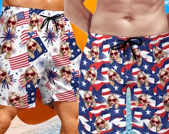 Custom USA Flag Swim Trunks, Personalized Face Hawaiian Shorts