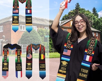 Faja de graduación personalizada, faja de graduación mexicana, estola de graduación personalizada con foto de la bandera del nombre de la escuela, clase personalizada de 2024, regalo de graduación para un amigo