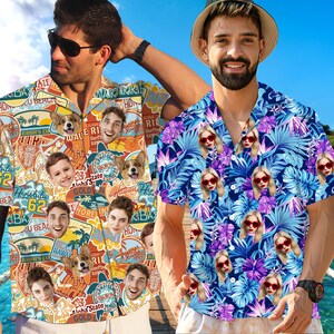 Custom Hawaiian Woman Man Shirt with Face,Hawaii Party Shirt,Birthday Gift for Family,Personalized Hawaii Button Up Shirt,dad Hawaiian shirt