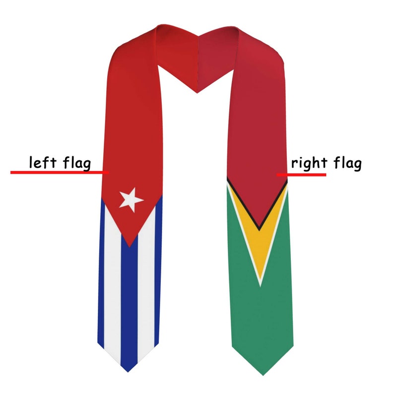 K&ouml;nnte beinhalten: Eine Graduierungssch&auml;rpe mit den Flaggen von Kuba und Guyana. Die linke Seite zeigt die kubanische Flagge mit einem wei&szlig;en Stern auf einem roten Dreieck und blauen und wei&szlig;en Streifen. Die rechte Seite zeigt die guyanische Flagge mit einem gelben Pfeil, der nach unten auf einem roten, gelben und gr&uuml;nen Hintergrund zeigt.